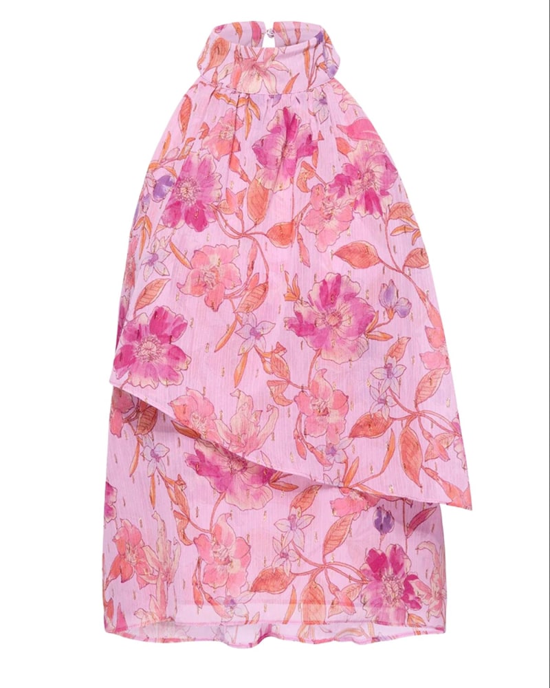 Front of a model wearing a size L Anka Sleeveless Top in Pink Fire Flora in Pink Fire Flora by Misa Los Angeles. | dia_product_style_image_id:344799